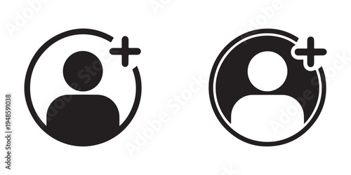 Add user icon with a person silhouette and a plus sign, available in filled and outlined versions