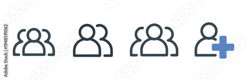 User group icons and add person icon with plus sign in outline and filled styles