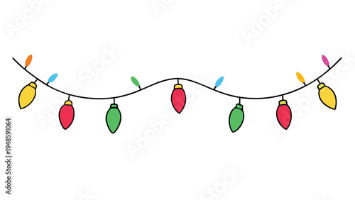 A festive horizontal illustration of a black wire garland featuring eleven colorful incandescent light bulbs in red green yellow blue and pink.