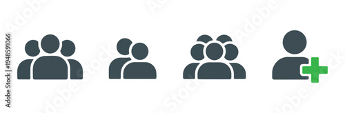 Solid group of people icons and add user icon with green plus symbol