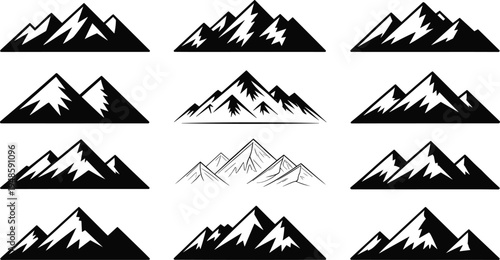 Mountain range silhouette and line art set with snowy peaks and jagged ridges isolated on white background vector illustration