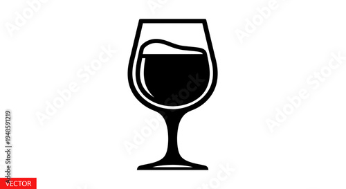 Black and white icon of a wine glass filled with red wine, simple vector graphic.