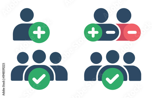 People icons set with add remove and check symbols for user management and group membership