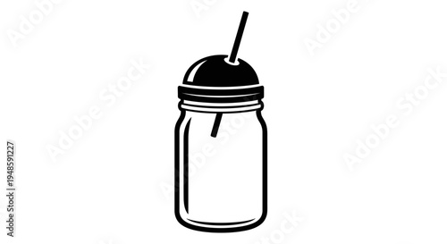 Black and white illustration of a mason jar with a lid and straw, perfect for drinks and beverages.