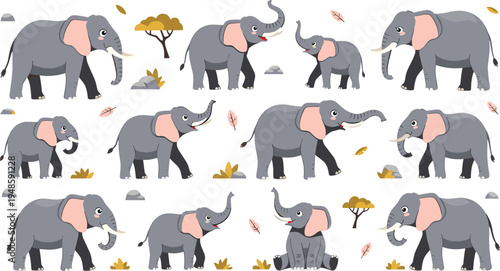 Large vector set of cute cartoon elephant characters in various poses including walking sitting and trumpeting with savanna trees and nature elements.
