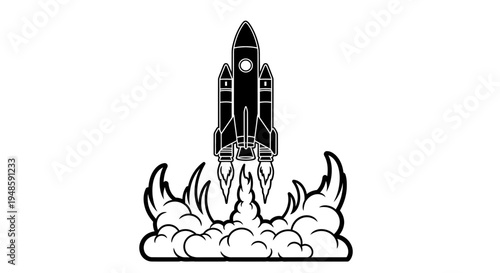 Black and White Rocket Launching with Smoke and Fire