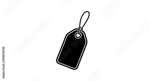 Black Blank Price Tag Icon with String, Isolated on White Background