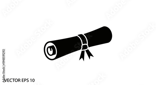 Black Diploma Scroll Icon with Ribbon, Graduation Certificate Symbol, Academic Achievement