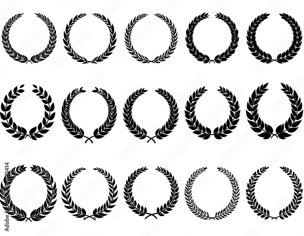 Obraz premium Collection of fifteen black, detailed wreaths made of leaves, arranged in rows against a white background