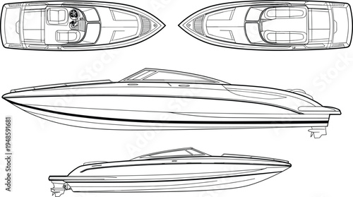 Speedboat line art set featuring side view and top-down perspectives isolated on white background vector for marine transportation design