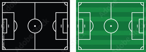 Soccer field top view layout set featuring black silhouette and green grass turf isolated on white background vector illustration
