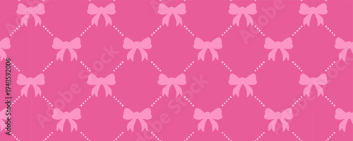 Playful seamless pattern with cherries, ribbons and hearts on pink background. Retro girly aesthetic for textile, wallpaper and trendy prints. Stock vector illustration in cartoon style.