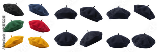 Fotografie Set and collection of traditional French berets in various colors and angles, classic wool felt hats isolated on white transparent png background