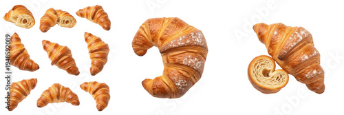 Photography Set and collection of fresh golden French croissants from various angles, flaky buttery pastry and halves with powdered sugar isolated on white transparent png background
