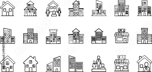 A collection of 18 simple black line drawings of various houses and buildings