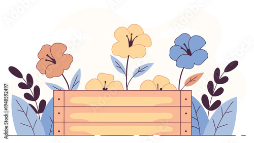 A soft color palette illustration featuring peach yellow and blue flowers growing in a light wooden planter box with pale blue leaves and purple berries.