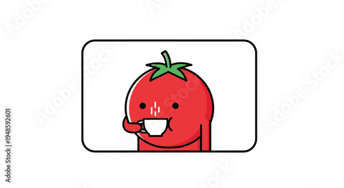 Cute Tomato Character Drinking Coffee, Kawaii Food Illustration
