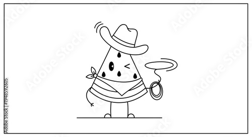 Cute Watermelon Cowboy Character with Lasso, Cartoon Style