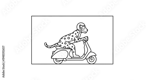 Dalmatian Dog Riding a Scooter with Helmet, Line Art