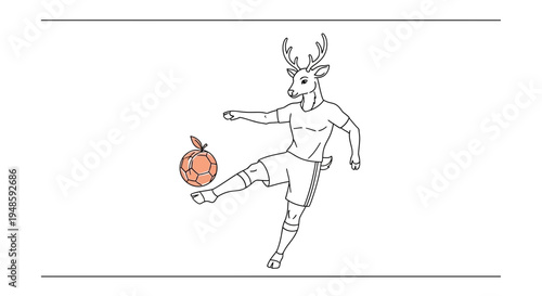 Deer-man playing football with an orange, surreal concept, cartoon style
