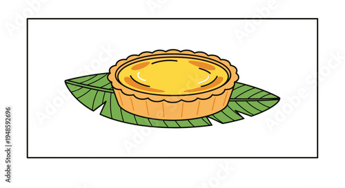 Delicious Egg Tart on Green Leaves, Sweet Dessert Illustration