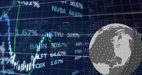 Showing dotted 3D globe rotating on market HUD, with candles, green-white line, tickers, copy space