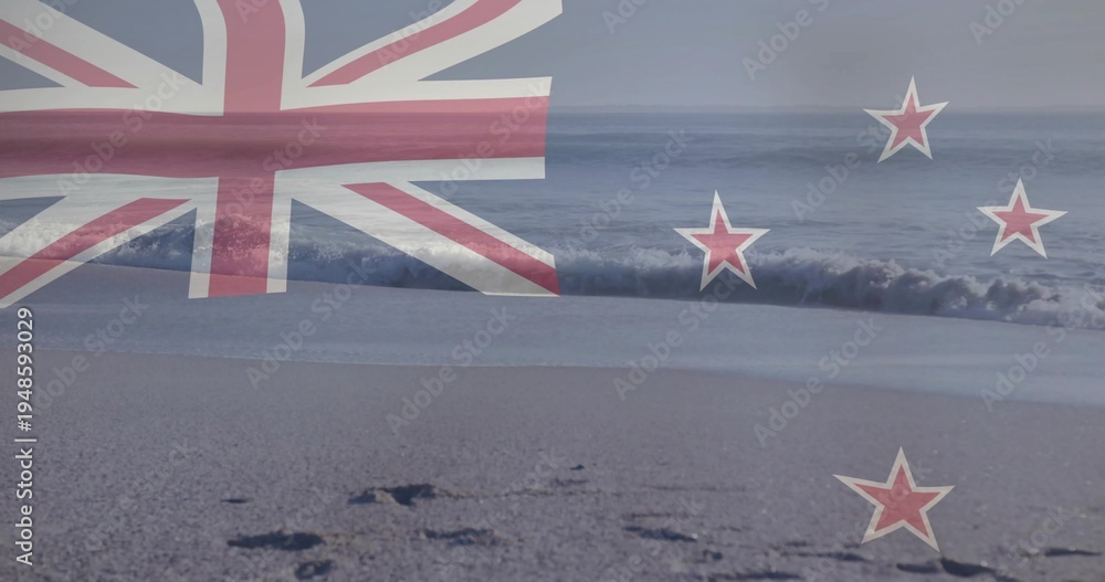 Obraz premium Showing faint New Zealand flag overlay over shore, revealing wet sand, footprints and waves
