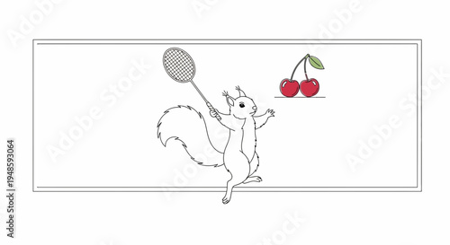 Cute Squirrel Playing Tennis with Cherries