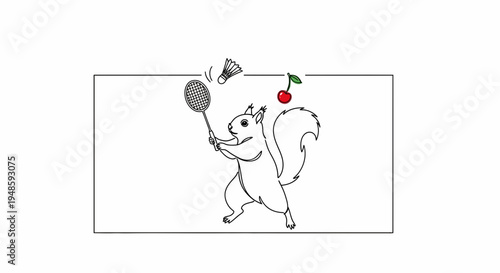Cute Squirrel Playing Badminton with Cherry