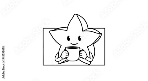 Cute Star Character Holding Coffee Cup, Black and White Cartoon