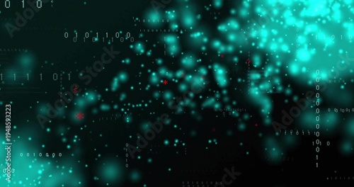 Fotografie Glowing teal particle clusters drifting across data field, with binary digits, r