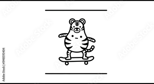 Cute tiger cartoon character riding a skateboard, black and white line art
