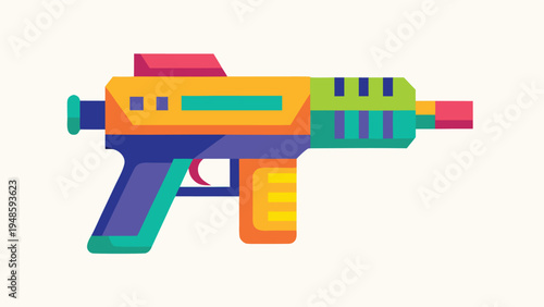 A colorful geometric illustration of a toy blaster gun featuring a green barrel an orange magazine and a multi-colored body against a cream background.