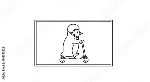 Cute penguin wearing helmet riding a scooter, cartoon illustration, isolated on white background