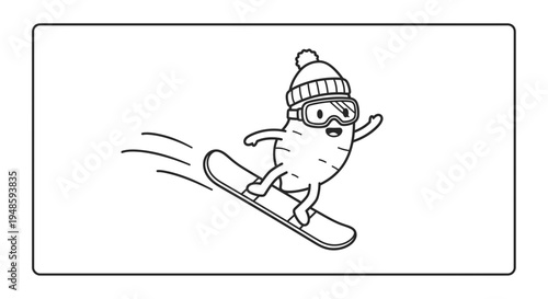 Cute potato character snowboarding down a snowy slope, cartoon style