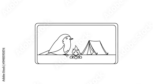 Cute Robin Bird Camping by Campfire and Tent, Outdoor Adventure Line Art