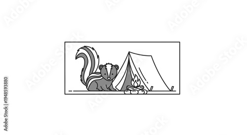 Cute Skunk Camping by Tent and Campfire, Adorable Wildlife Illustration