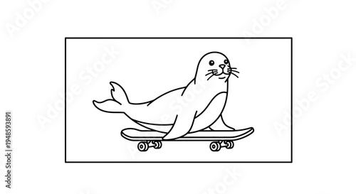 Cute Seal Riding a Skateboard, Cartoon Style, Isolated on White Background