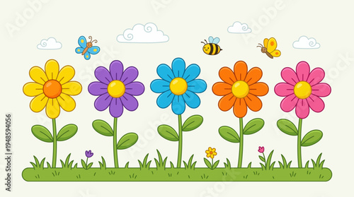 Colorful Cartoon Flower Garden Vector with Bright Daisy Flowers