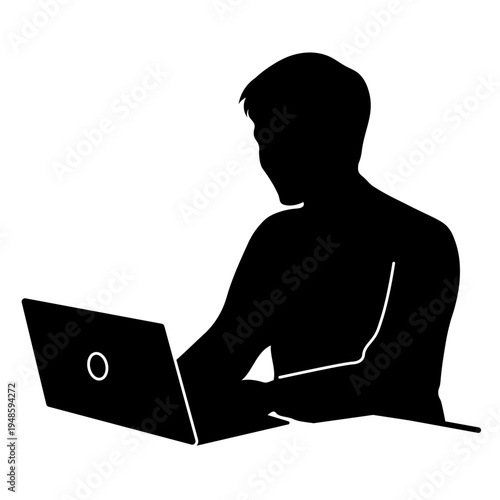 パソコン作業をするビジネスマンのシルエットイラスト