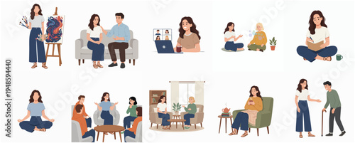 Flat Illustration Set of Diverse People Doing Different Activities Together