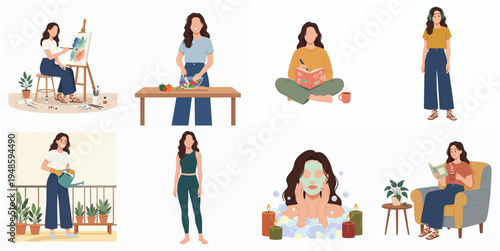 Minimalist Woman Doing Various Activity at Home Daily Routine Illustration
