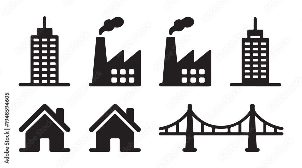Obraz premium City buildings houses and bridge icons for urban landscape and infrastructure