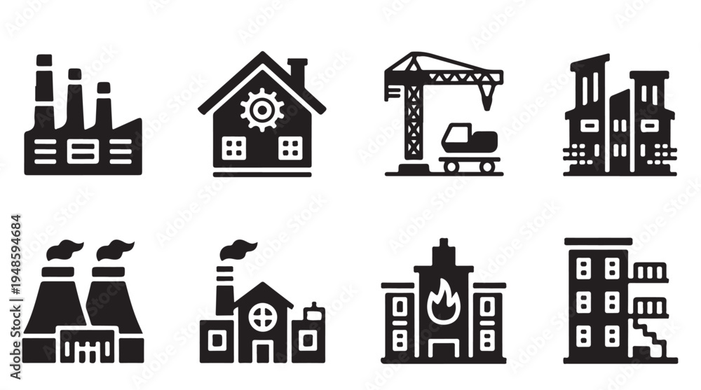 Naklejka premium Industrial complex buildings including factories power plants and construction sites