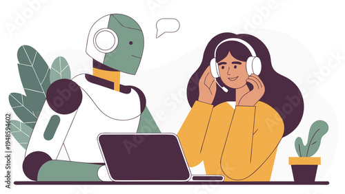 A horizontal illustration of a humanoid robot and a woman wearing headsets while working together on a laptop for customer support service.
