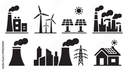 Factory power plants and renewable energy sources icons, industrial power generation