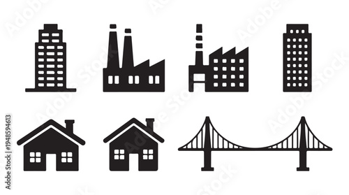 Modern city buildings houses and industrial factories icons urban structures
