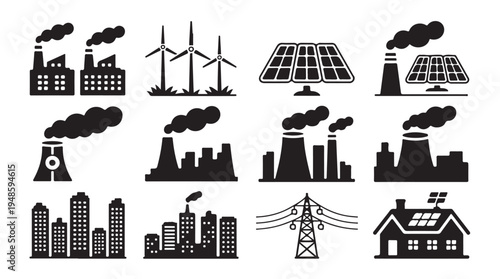 Energy industry icons including factories wind turbines solar panels and cityscapes
