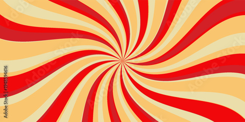 Retro red background with vintage circus sunburst. Psychedelic colorful swirl poster, abstract pattern in 70s carnival style. Hypnotic sunburst vector illustration.