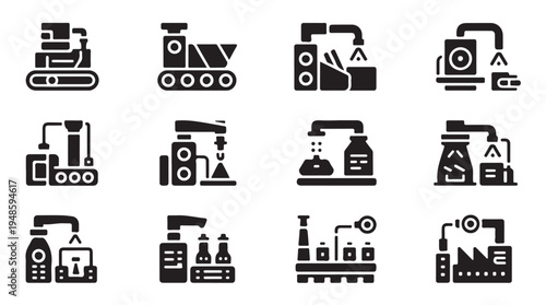 Industrial automation and manufacturing process icons robotic arm production line